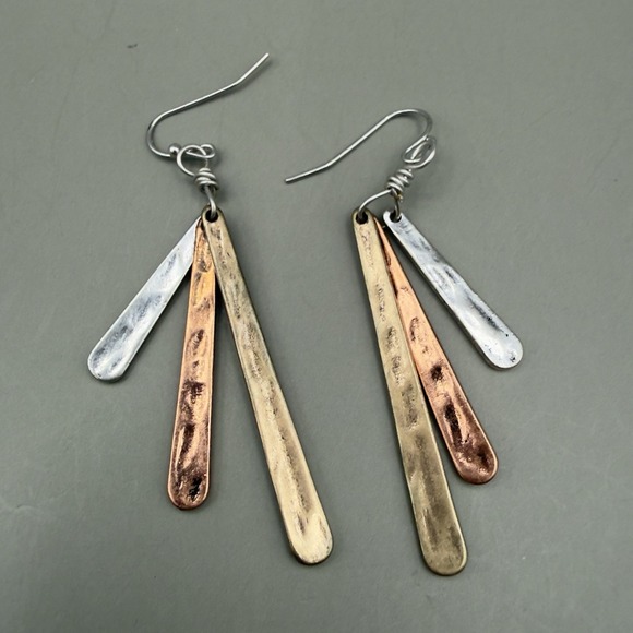 Artisan Jewelry - Artisan Mixed Metal Dangle Earrings Hammered Copper Brass Silver Tone Boho